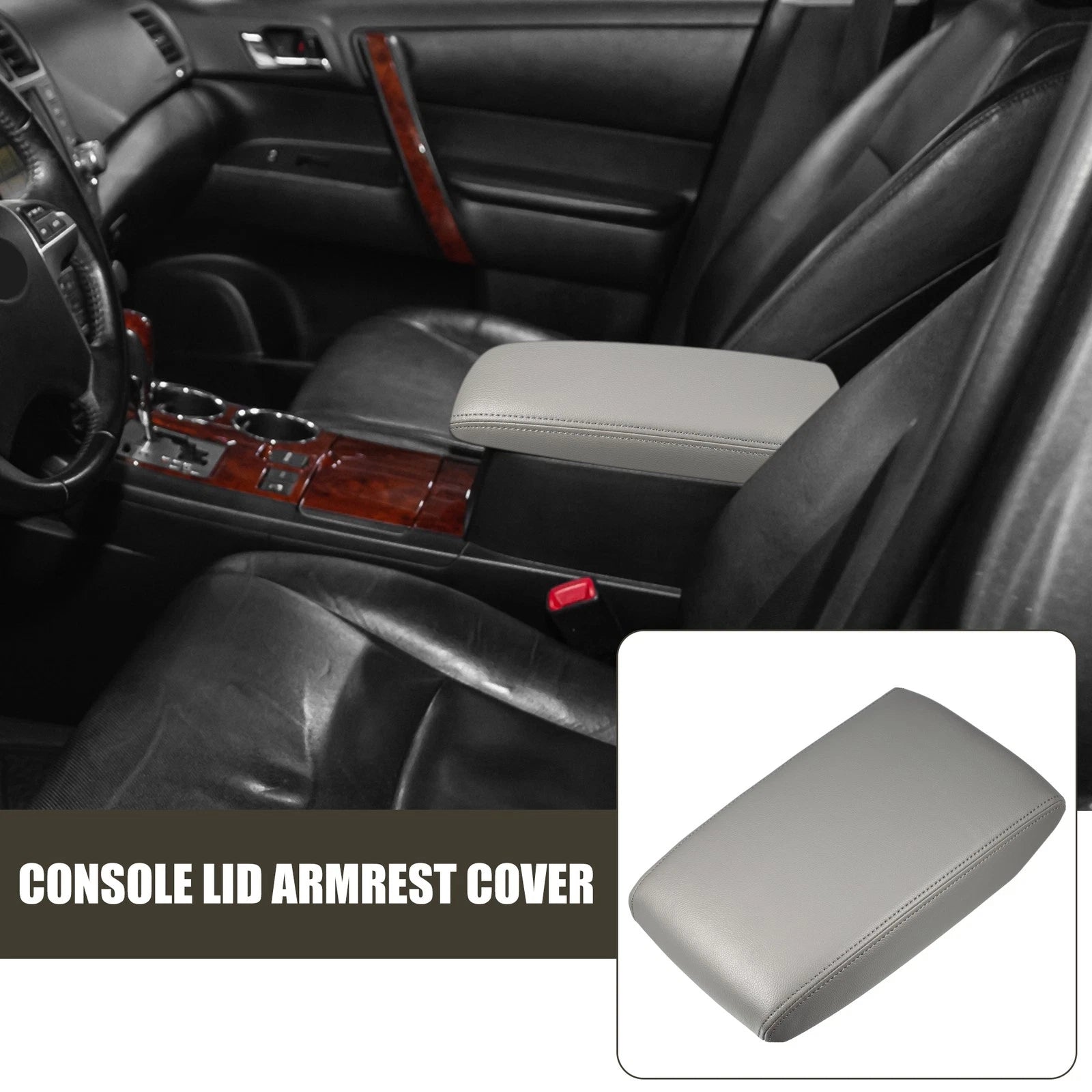 Center Console Lid Armrest Cover for Toyota Highlander (2014–2019) Gray Faux Leather