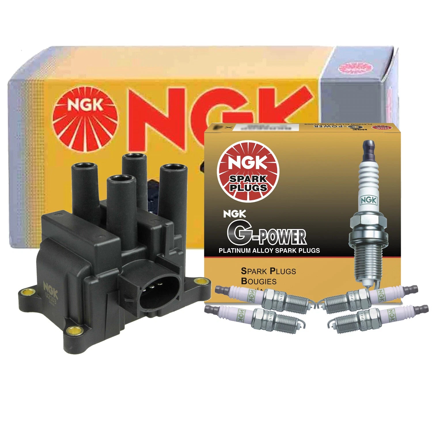 NGK DIS Ignition Coil & 4 G-Power Platinum Spark Plugs for Ford Mazda 2.3 (2000–2009)