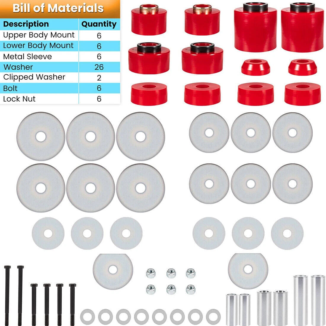 Set of 4 Cab Body Mount Bushings for Ford F150 F250 F350 (1980–1998) Red