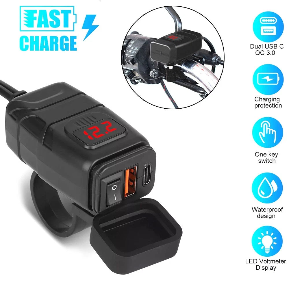 Dual USB Fast Charger Adapter for Motorcycle ATV (Type-C PD QC3.0)