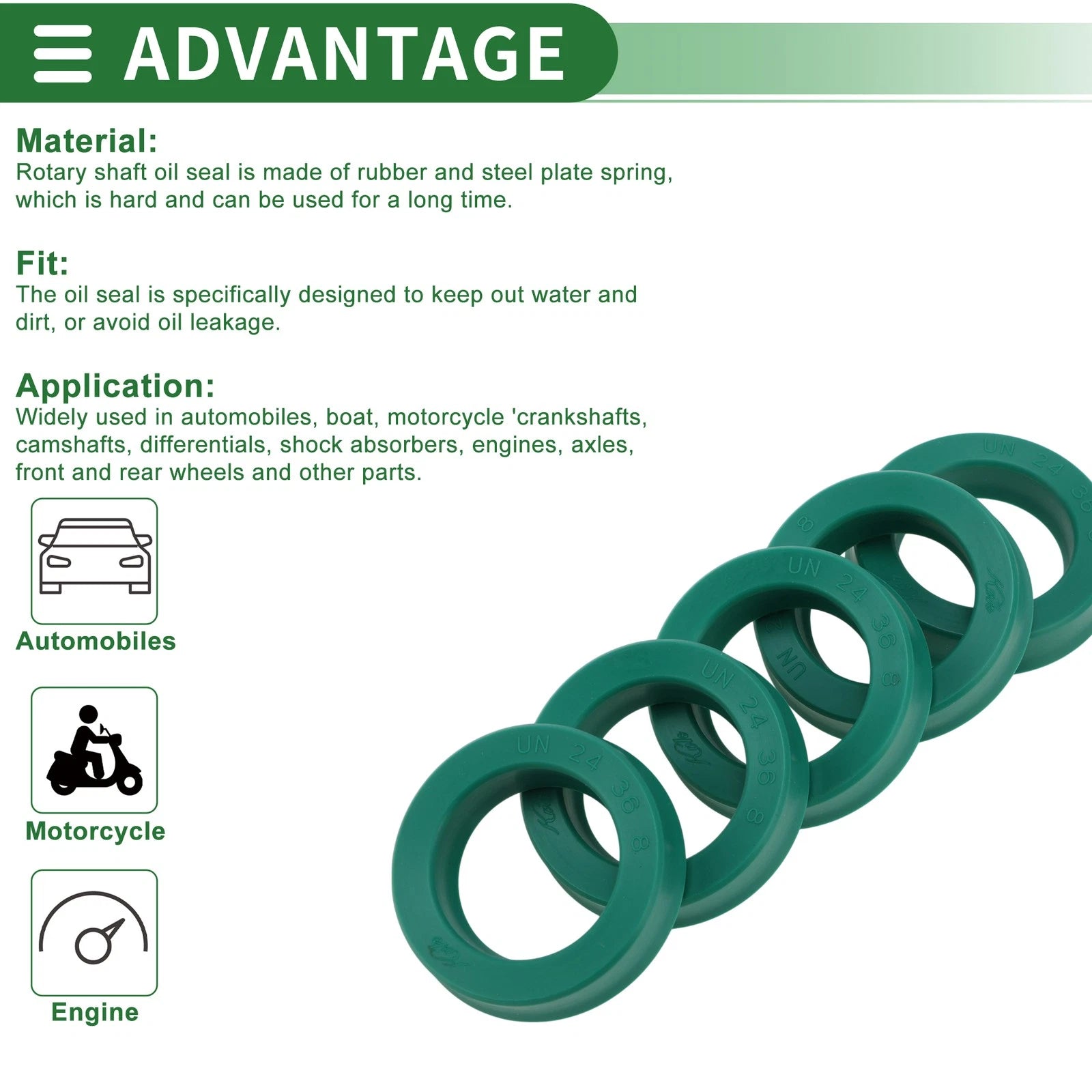 Set of 5 Oil Seal Rotary Shaft Seal 24x36x8mm High Pressure Green