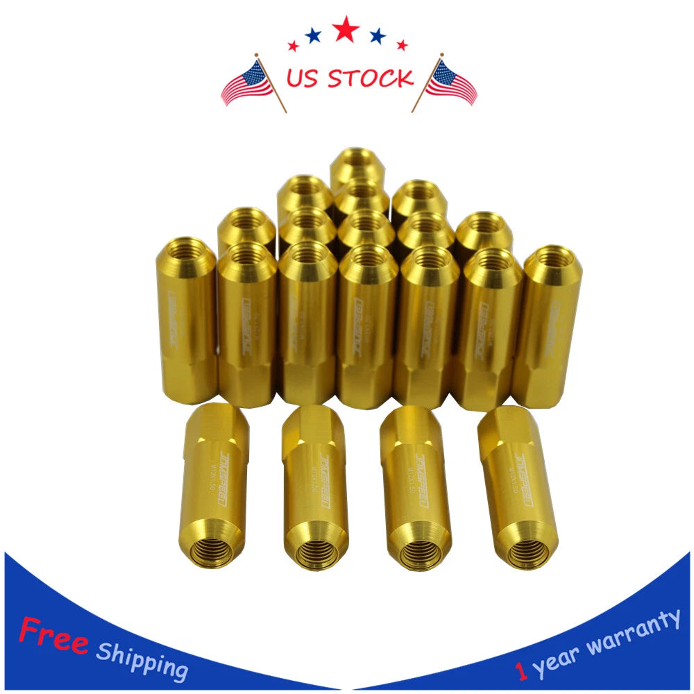 Set of 20 Gold 60mm M12x1.5 Extended Racing Lug Nuts for Universal Fit