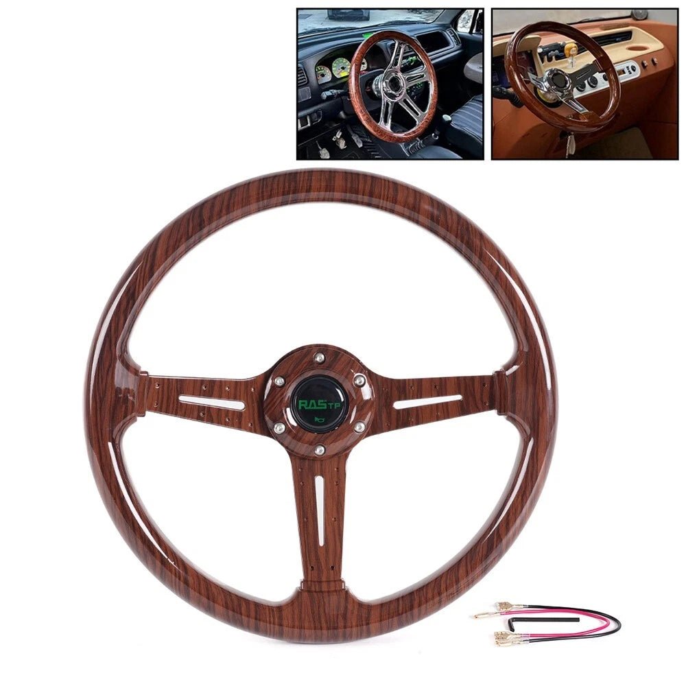14" 6 Bolt Racing Steering Wheel for Universal (Drifting, Deep Dish, Dark Wood Grain)
