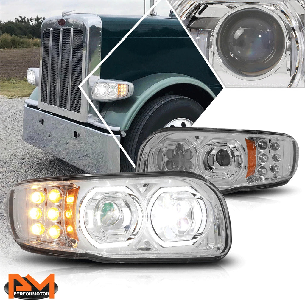 Dual LED Halo Projector Headlights for Peterbilt 388 389 567 (2008–2021)