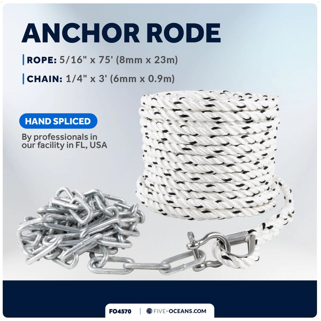 3-Strand Nylon Rope with Galvanized Steel Chain for Anchor (75', 3')