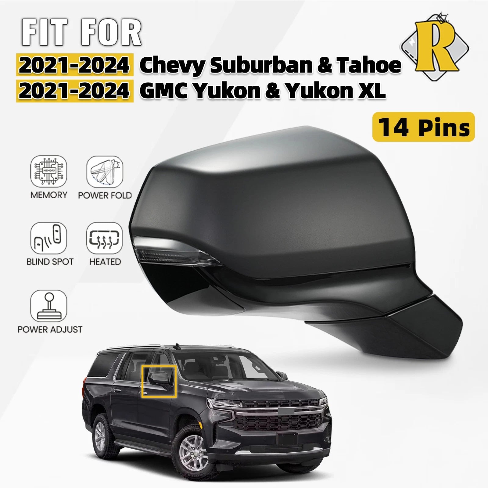 Side Mirror for Chevy Suburban Tahoe GMC Yukon (2021–2024) Right w/BSD 14 Pins