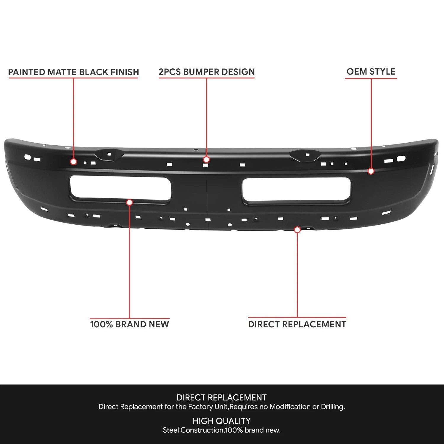 2-Piece Front Bumper Face Bar for Dodge Ram 1500 2500 3500 (1994–2002)