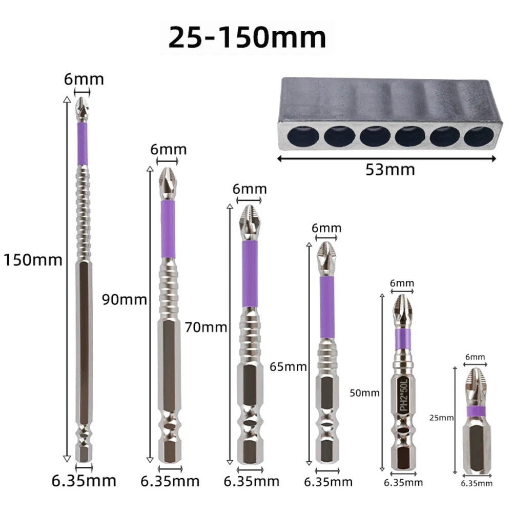 Set of 6 Alloy Steel PH2 Screwdriver Bits for Various Drilling Needs