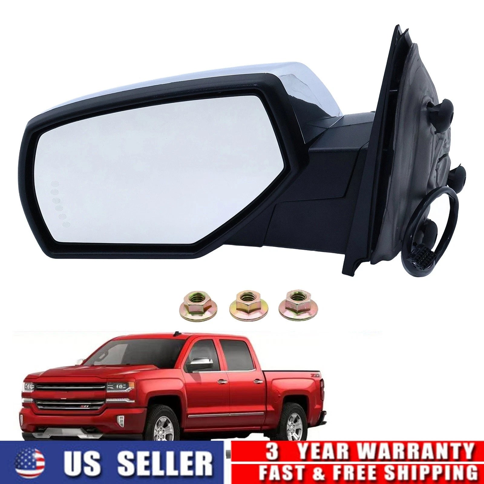 2Pcs Mirror Chrome Power Heated Signal for Silverado Sierra 1500 2500 HD (2014–2019)