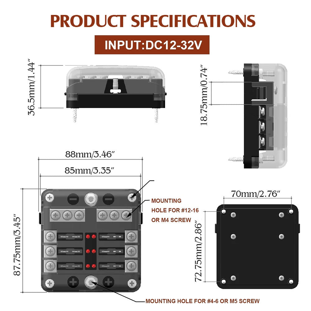 6-Way Auto Blade Fuse Holder Box with LED Indicator for 12V 24V Vehicles