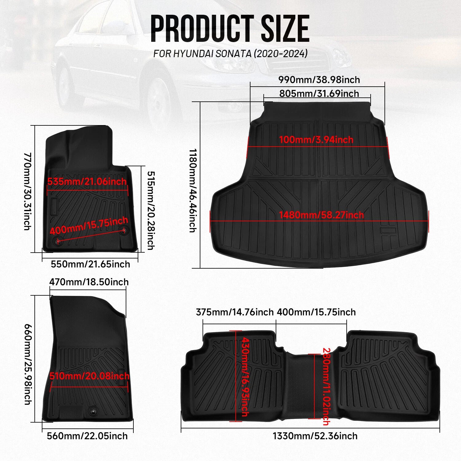 Set of 2 Front & Rear Floor Mats Liners for Hyundai Sonata, Kia K5 (2020–2025)