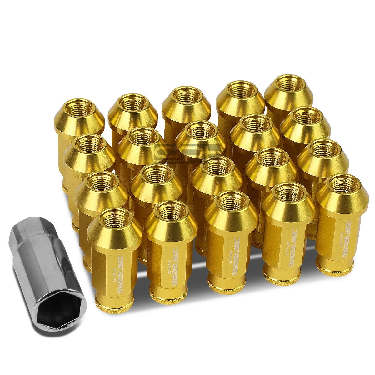 20 PCS Open End M12x1.25 50mm Tall Gold Universal JDM Lug Nuts + Lock Key