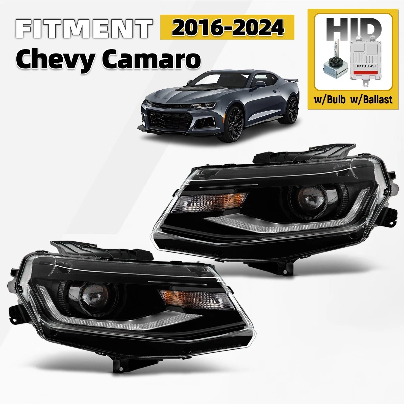 HID Headlight Set for Chevy Camaro (2016–2024) w/Bulb & Ballast Left+Right