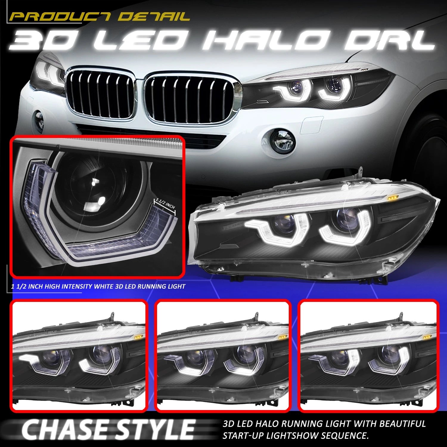 LED Sequential HID Projector Headlights for BMW X5 X6 (2014–2019)