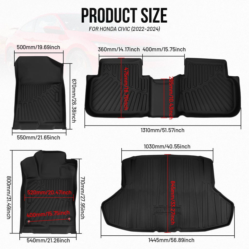Set of 2 3D Cargo Mats for Honda Civic Sedan (2022–2025)