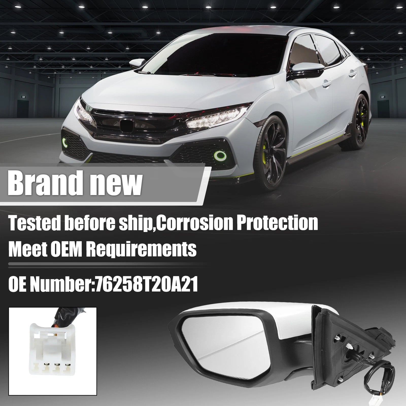 3 Pin Left Side Exterior Door Mirror Assembly White for Honda Civic (2016–2021) 767153118074