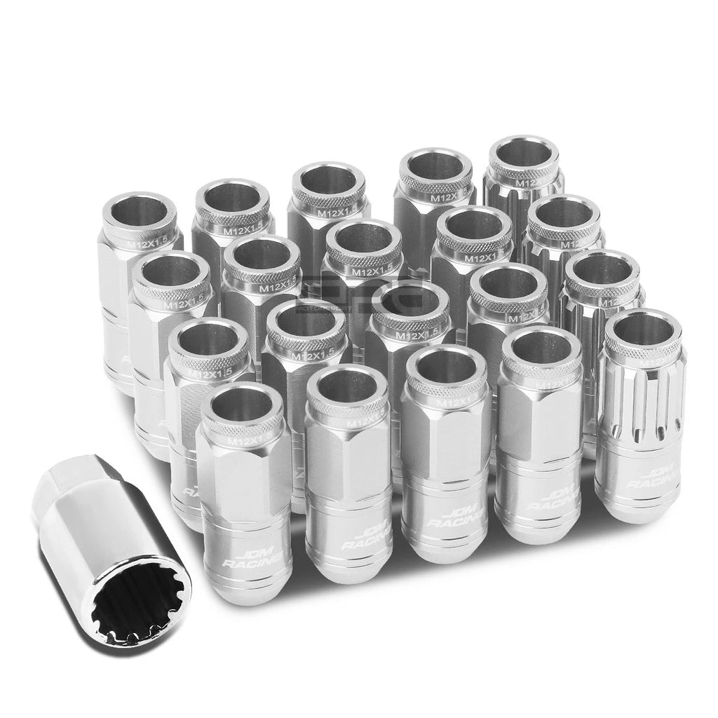 Set of 4 Open-End Aluminum Silver Lug Nuts + Adapter M12x1.5 for Automotive