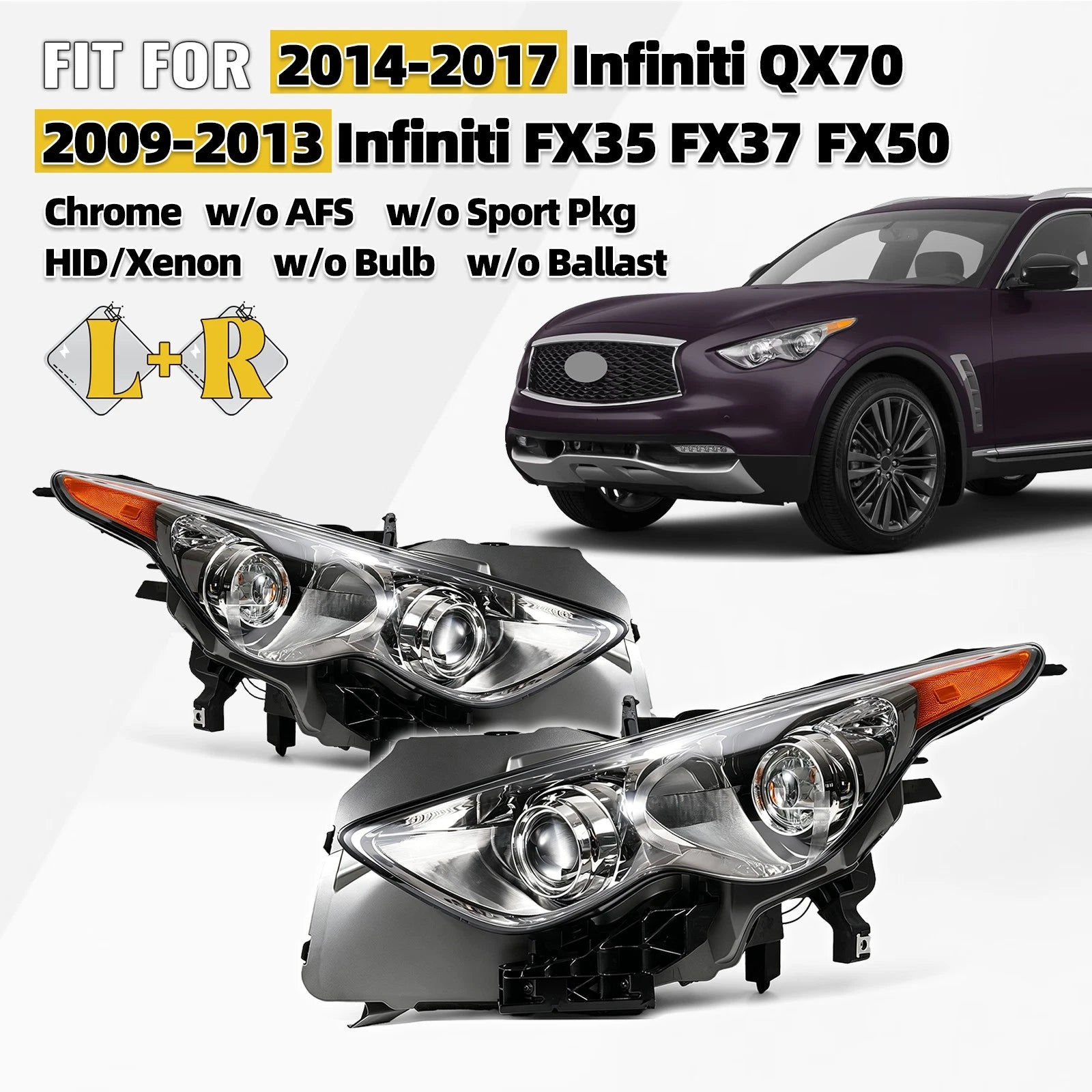 HID Headlight Pair for Infiniti FX35 FX37 QX70 (2009–2017) W/o AFS & Bulb