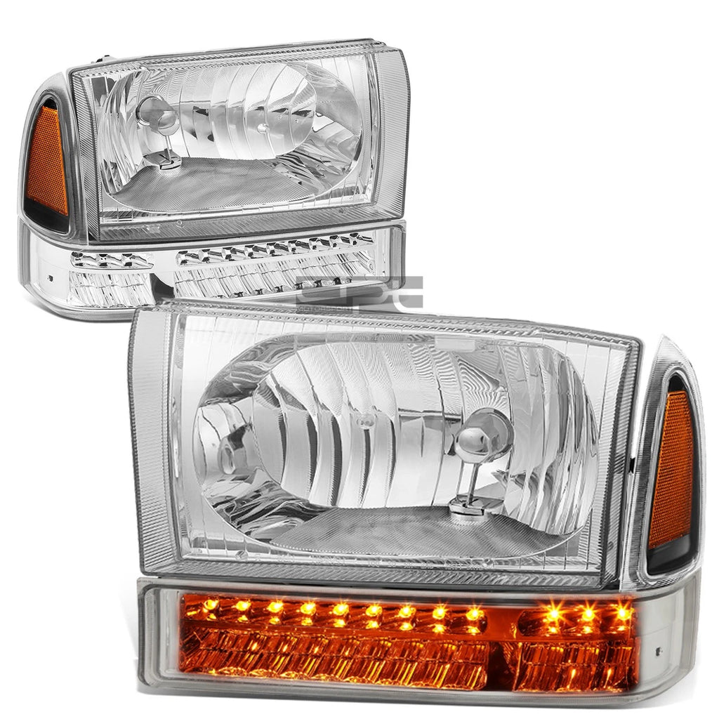 Pair of Chrome/Amber Headlight + LED Turn Signal Lamps for Ford Super Duty (1999–2004)