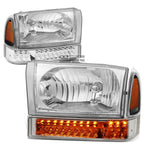 Pair of Chrome/Amber Headlight + LED Turn Signal Lamps for Ford Super Duty (1999–2004)