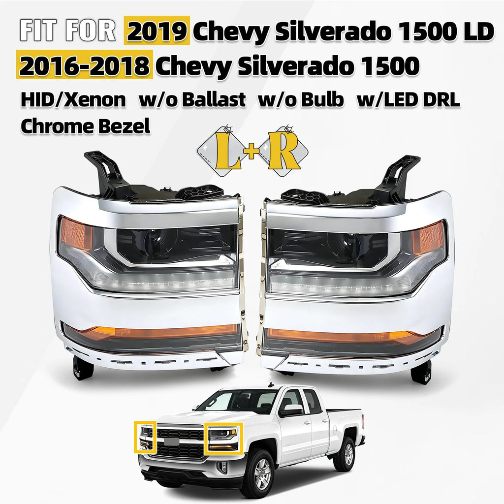HID Headlight Set for Chevy Silverado 1500 (2016–2018) W/DRL Chrome Bezel
