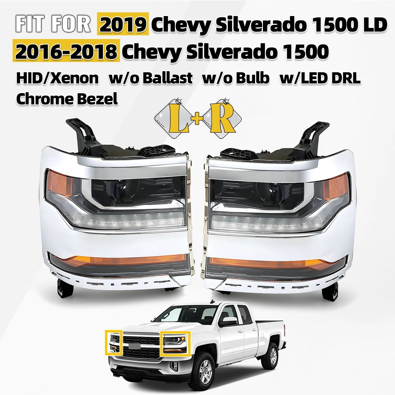 HID Headlight Set for Chevy Silverado 1500 (2016–2018) W/DRL Chrome Bezel