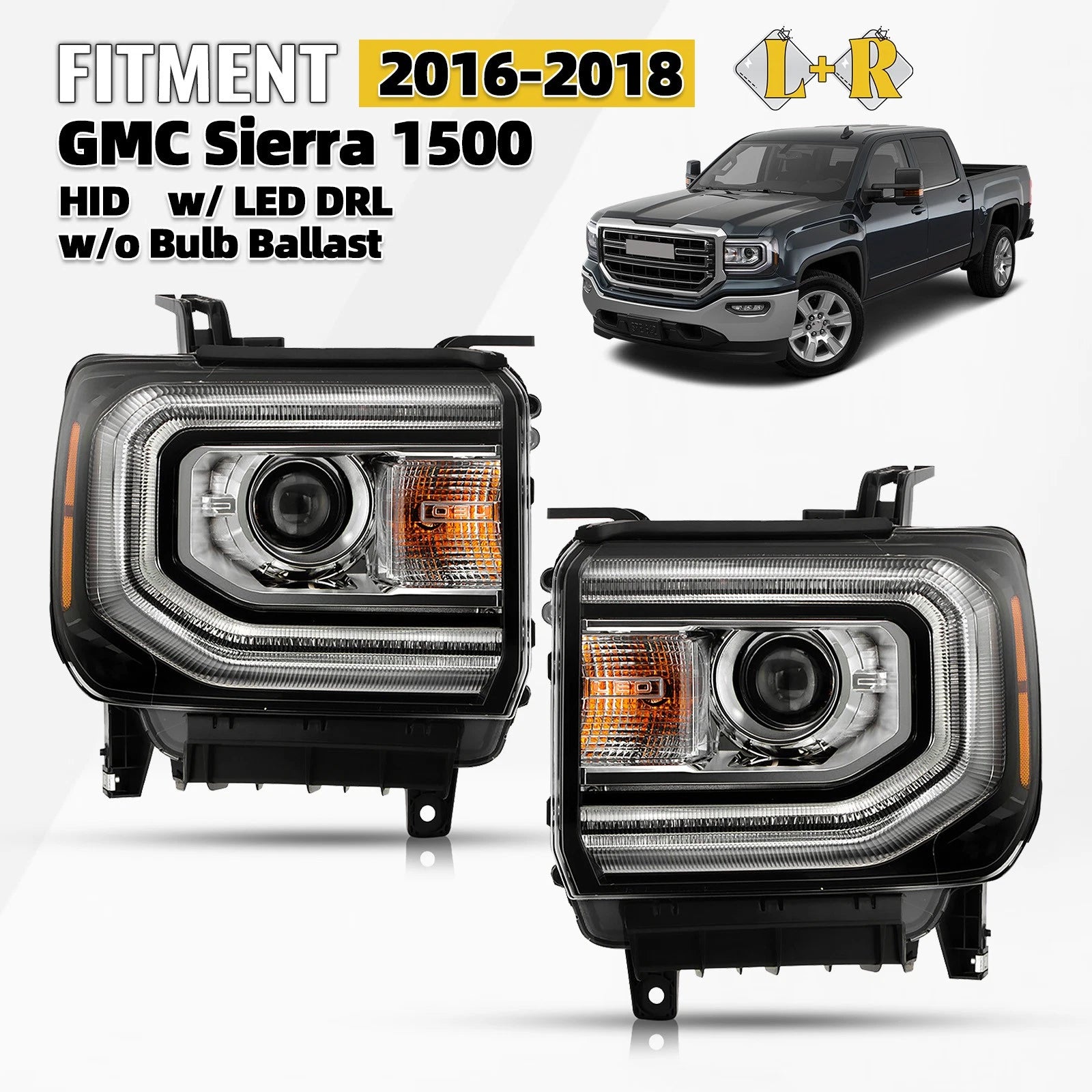 Pair Headlights for GMC Sierra 1500 (2016–2018) HID/Xenon with LED DRL Projector