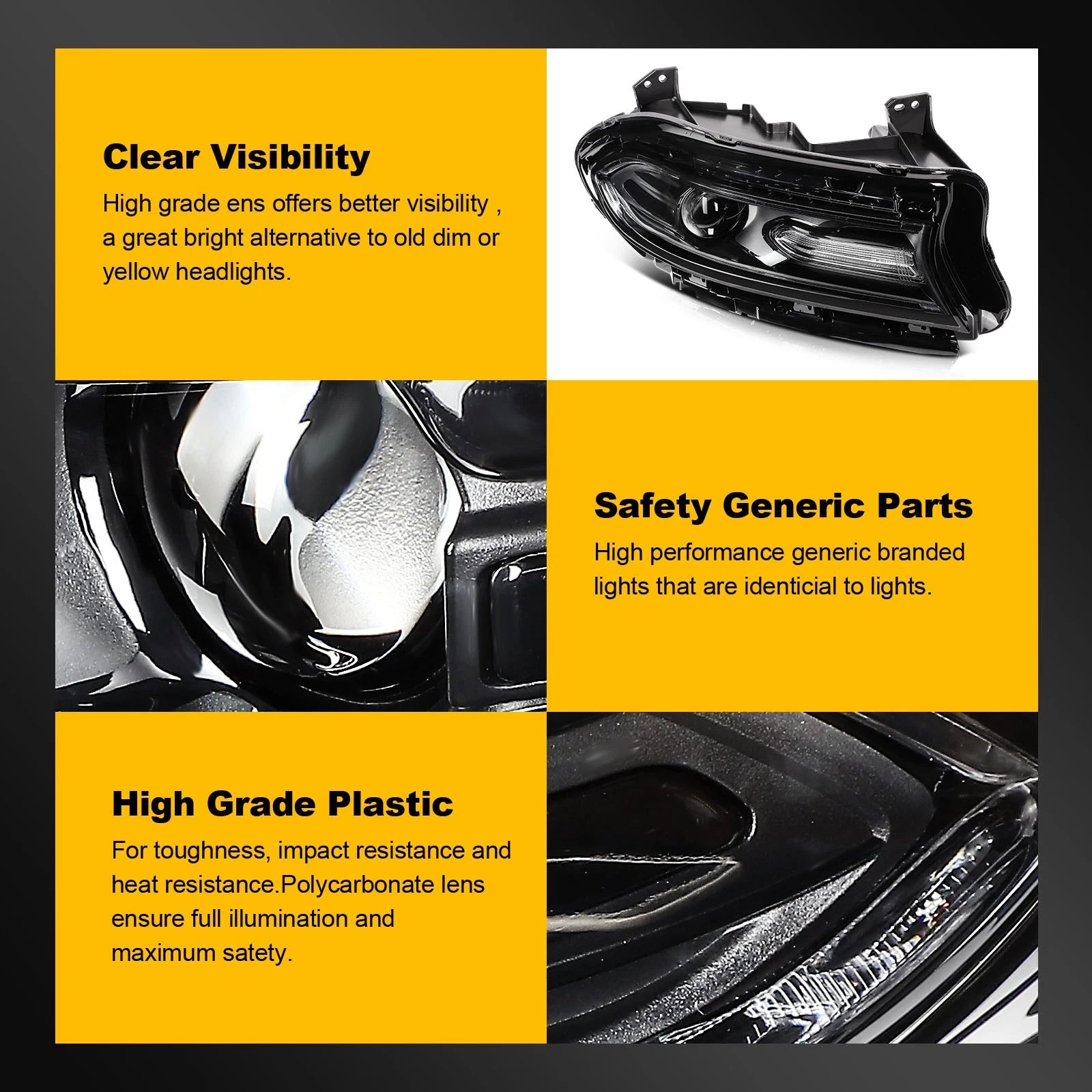 Pair Headlight Assembly for Dodge Charger (2015–2023) Black Housing Projector