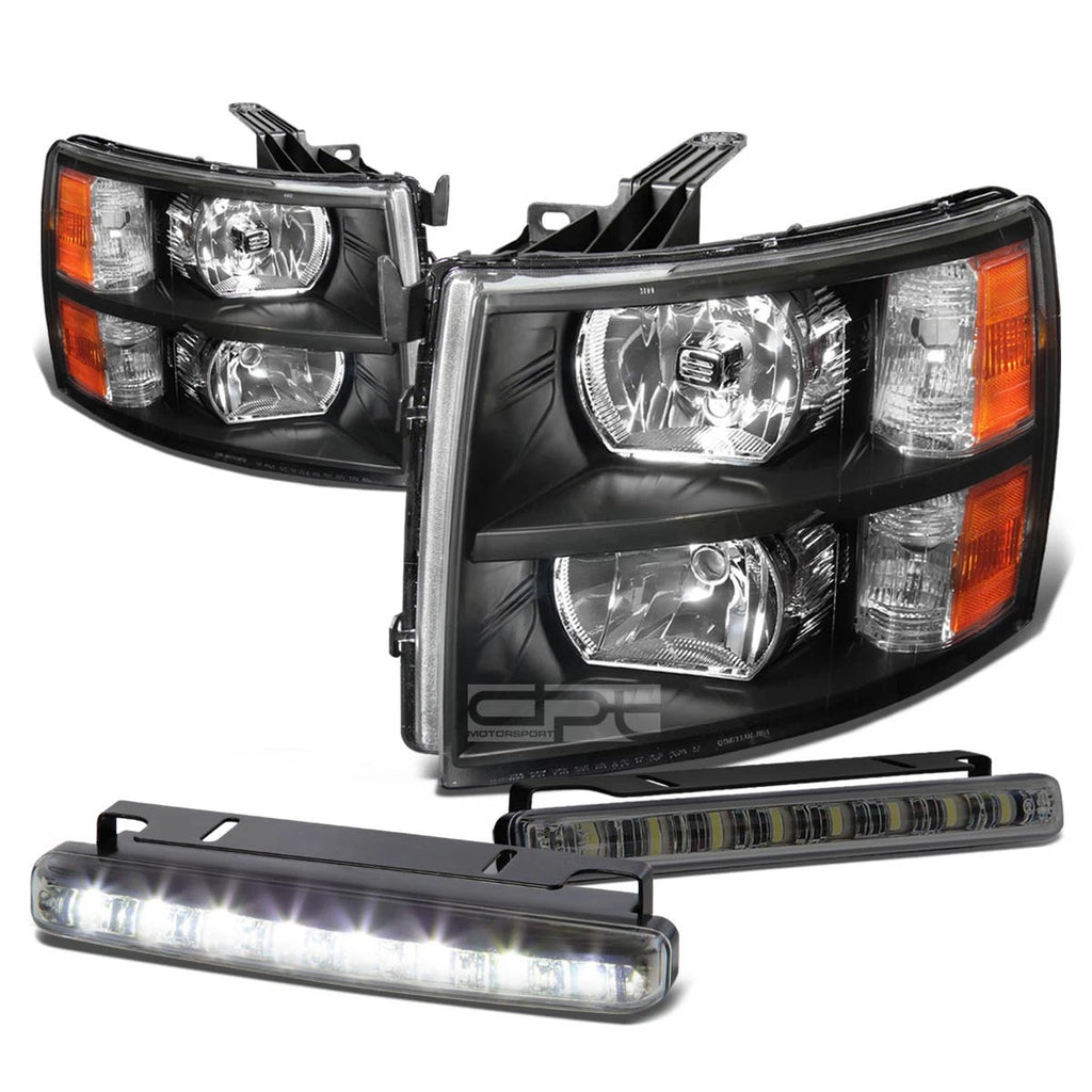 Set of 4 Black Housing Headlight, Amber Turn Signal, LED Fog Light for Silverado (2007–2013)