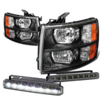 Set of 4 Black Housing Headlight, Amber Turn Signal, LED Fog Light for Silverado (2007–2013)