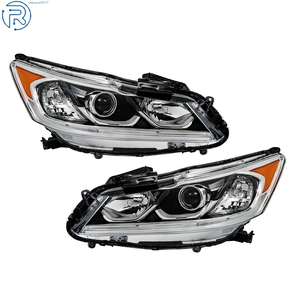 Set of 2 Black Halogen Headlights with LED DRL for Honda Accord (2016–2017)