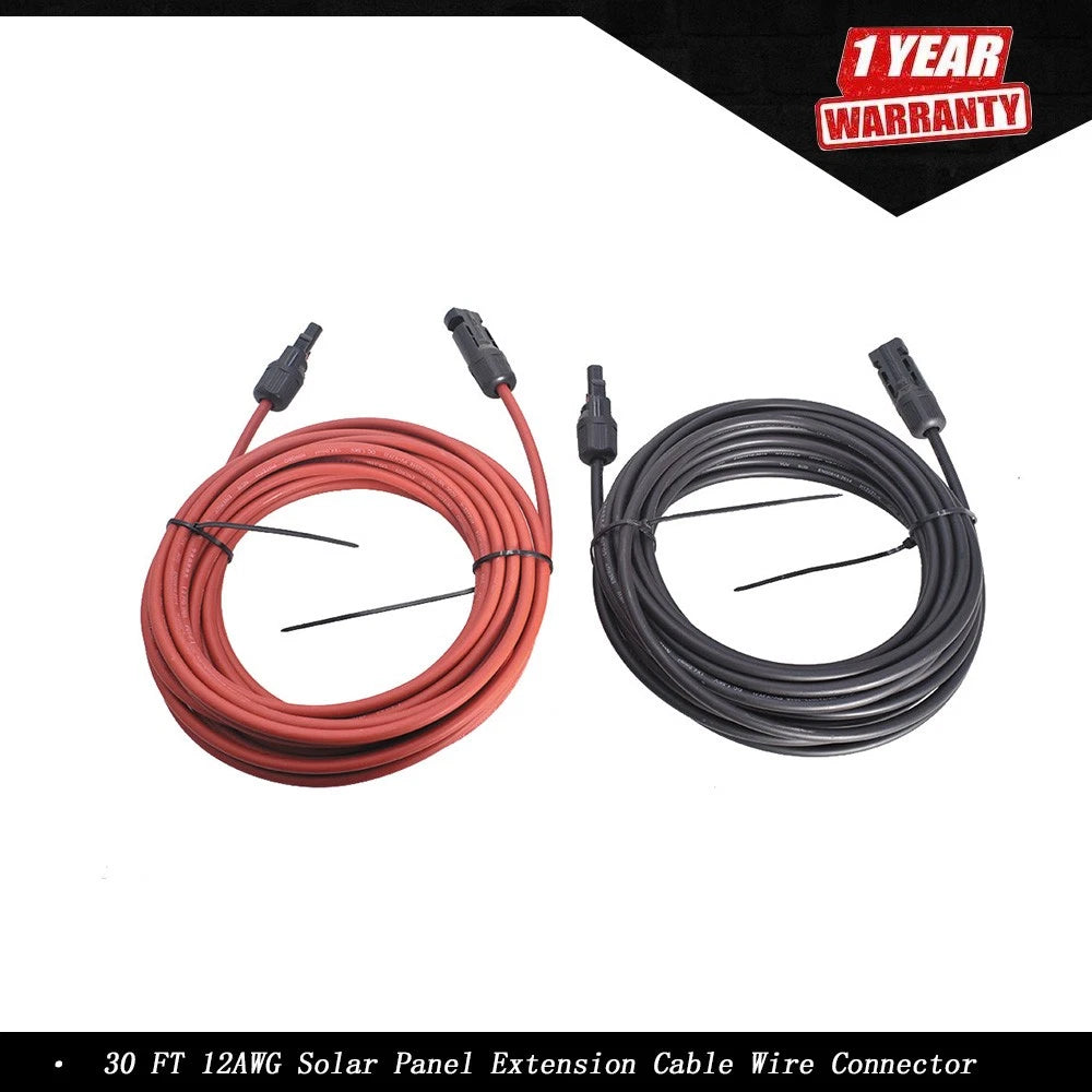 1 Pair 30 FT 12AWG Solar Panel Extension Cable for Universal Use