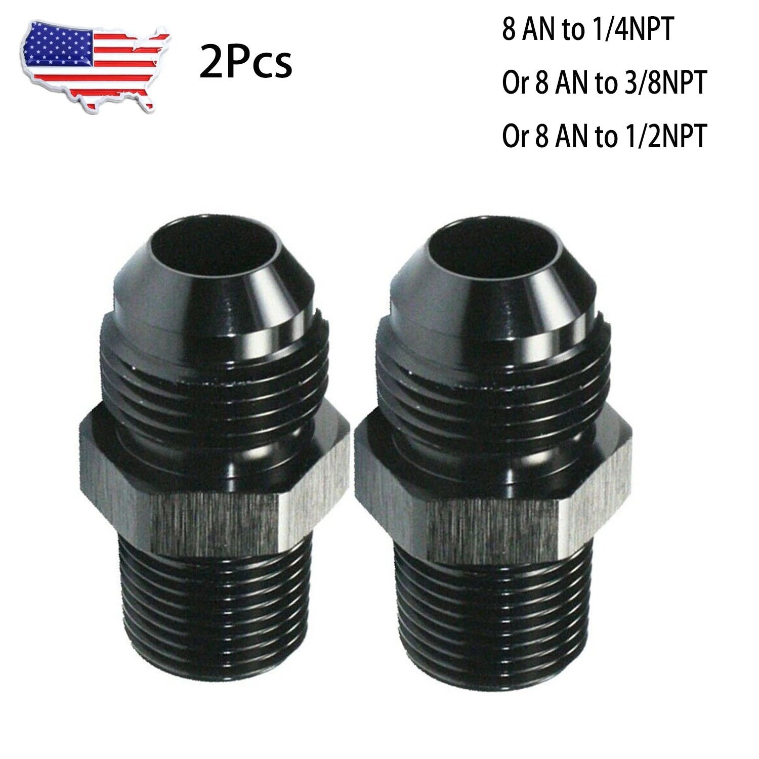 2Pcs 8 AN to 1/2 NPT 1/4 NPT 3/8 NPT Straight Adapter Fitting for Automotive