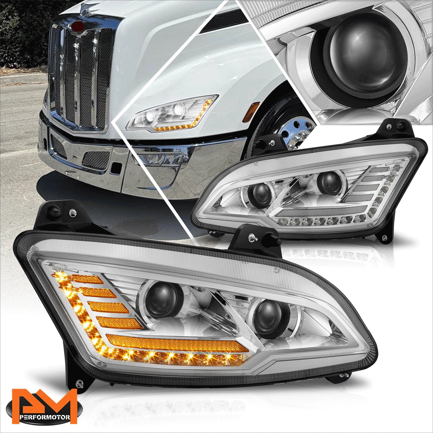 Full LED DRL Sequential Projector Headlight Lamps for Peterbilt 579 (2022–2025)