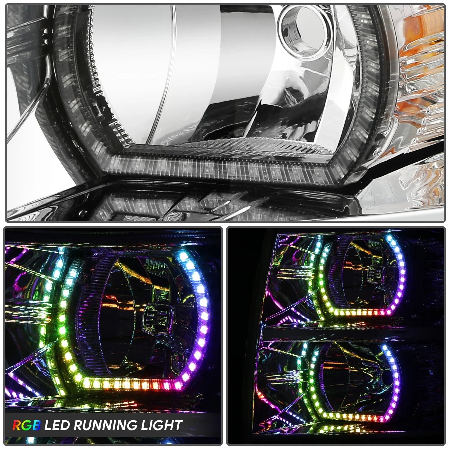 RGB LED Bar Headlight for Silverado 1500-3500 HD (2007–2013) - Chrome, Amber