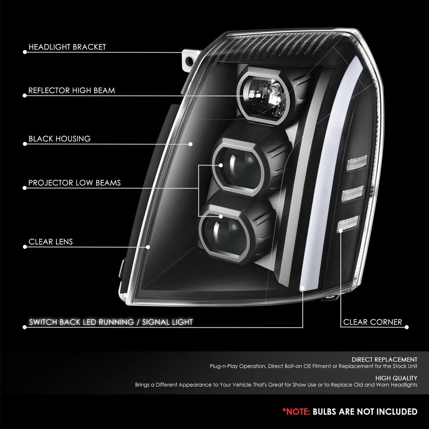 Projector Switchback Headlights for Cadillac Escalade ESV EXT (2007–2013)