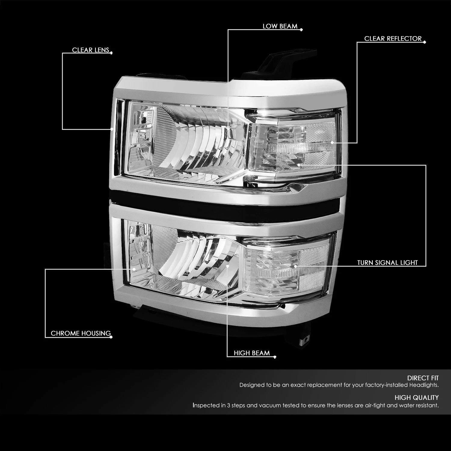 Pair of Chrome Housing Clear Side Headlights for Chevy Silverado (2014–2015)