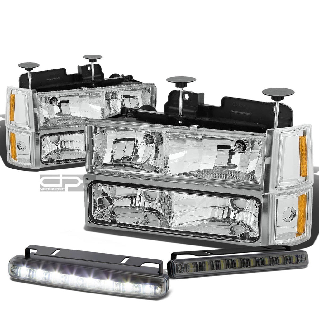 Set of 4 Chrome Housing Headlight, Bumper, Amber Corner, LED Fog Light for GMC C/K (1994–2000)
