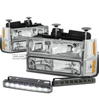 Set of 4 Chrome Housing Headlight, Bumper, Amber Corner, LED Fog Light for GMC C/K (1994–2000)