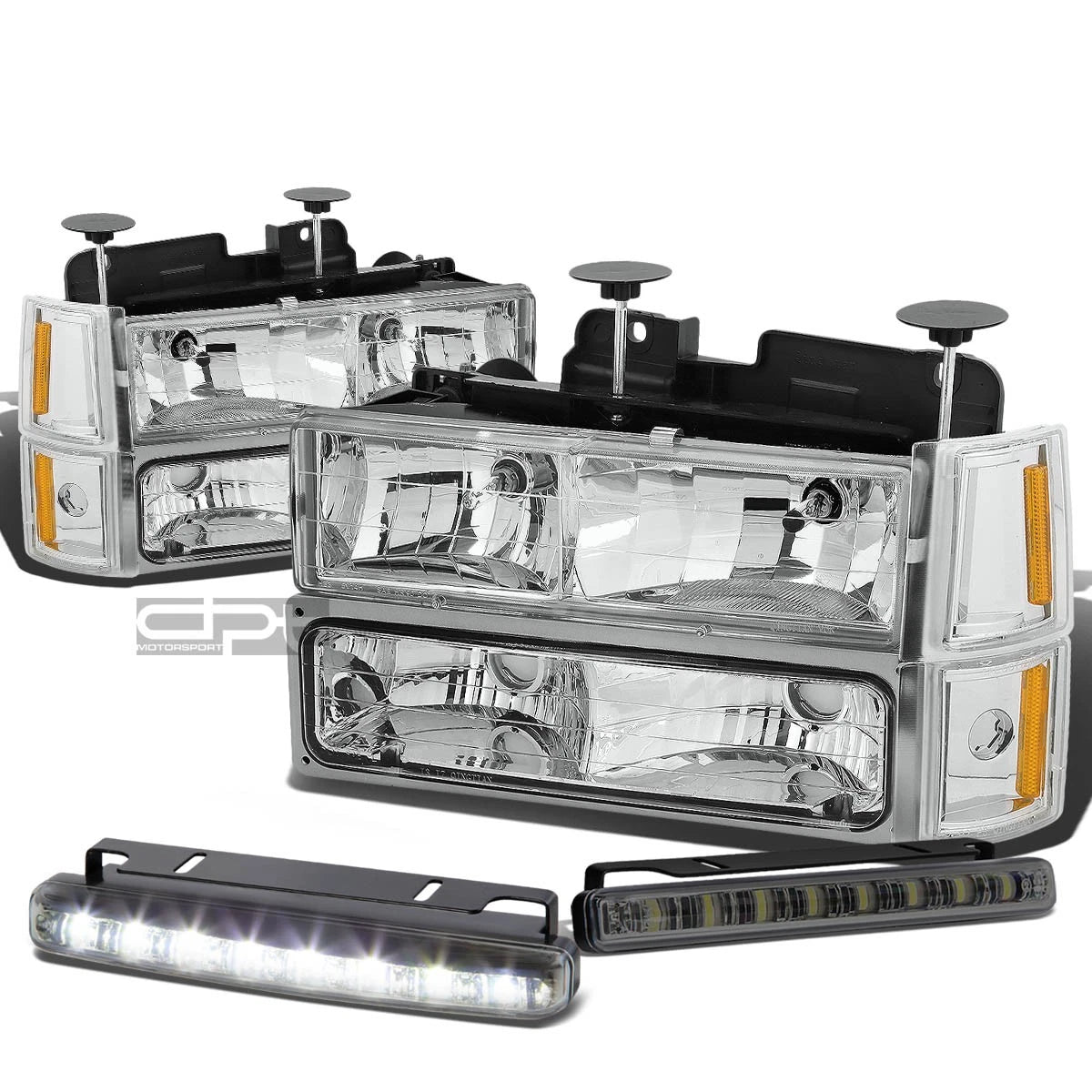 Set of 4 Chrome Housing Headlight, Bumper, Amber Corner, LED Fog Light for GMC C/K (1994–2000)