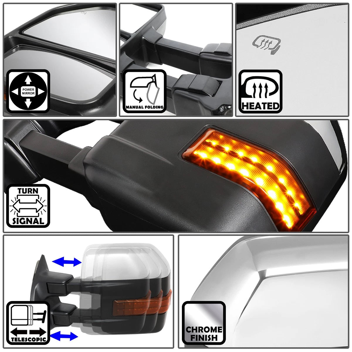 Pair Power Heated LED Turn Signal Towing Mirrors for Ford F250 Super Duty (1999–2007)