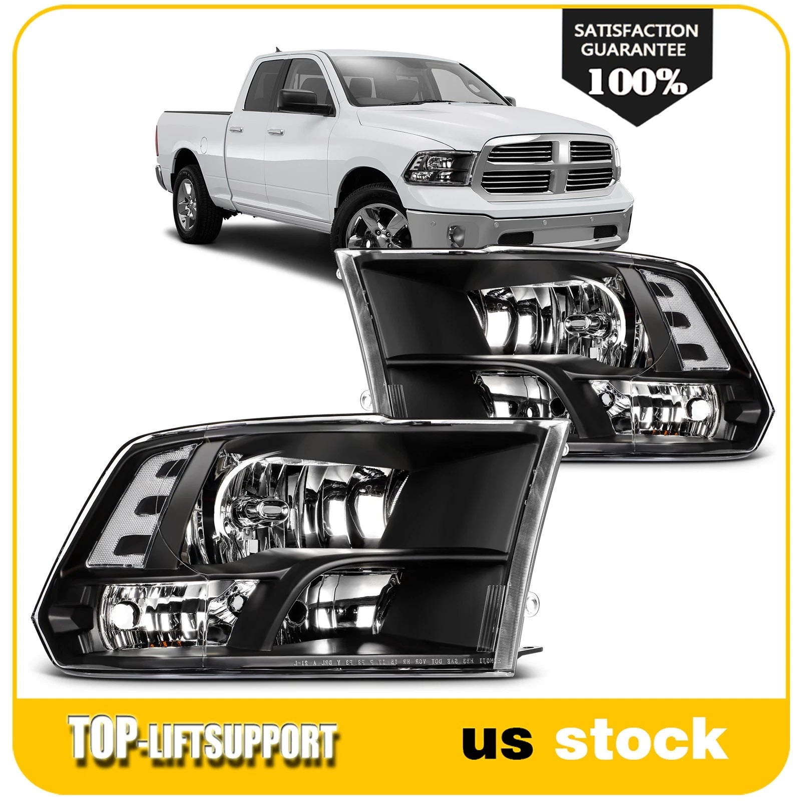 2Pcs Headlight Assembly for Dodge Ram 1500 2500 3500 (2009–2018) Black Quad