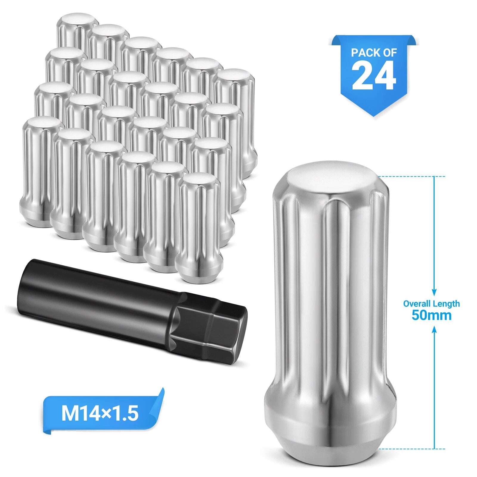 Chrome M14x1.5 Spline Lug Nuts With Key for Chevy GMC (2007-2014)