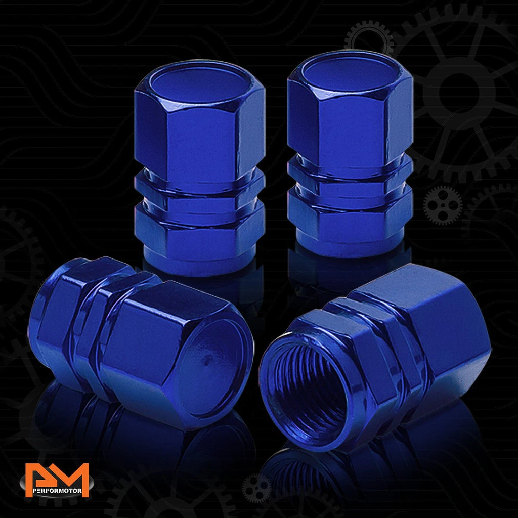 Set of 4 Blue Aluminum Tire Stem Caps for Universal Vehicles (Hexagon Style)