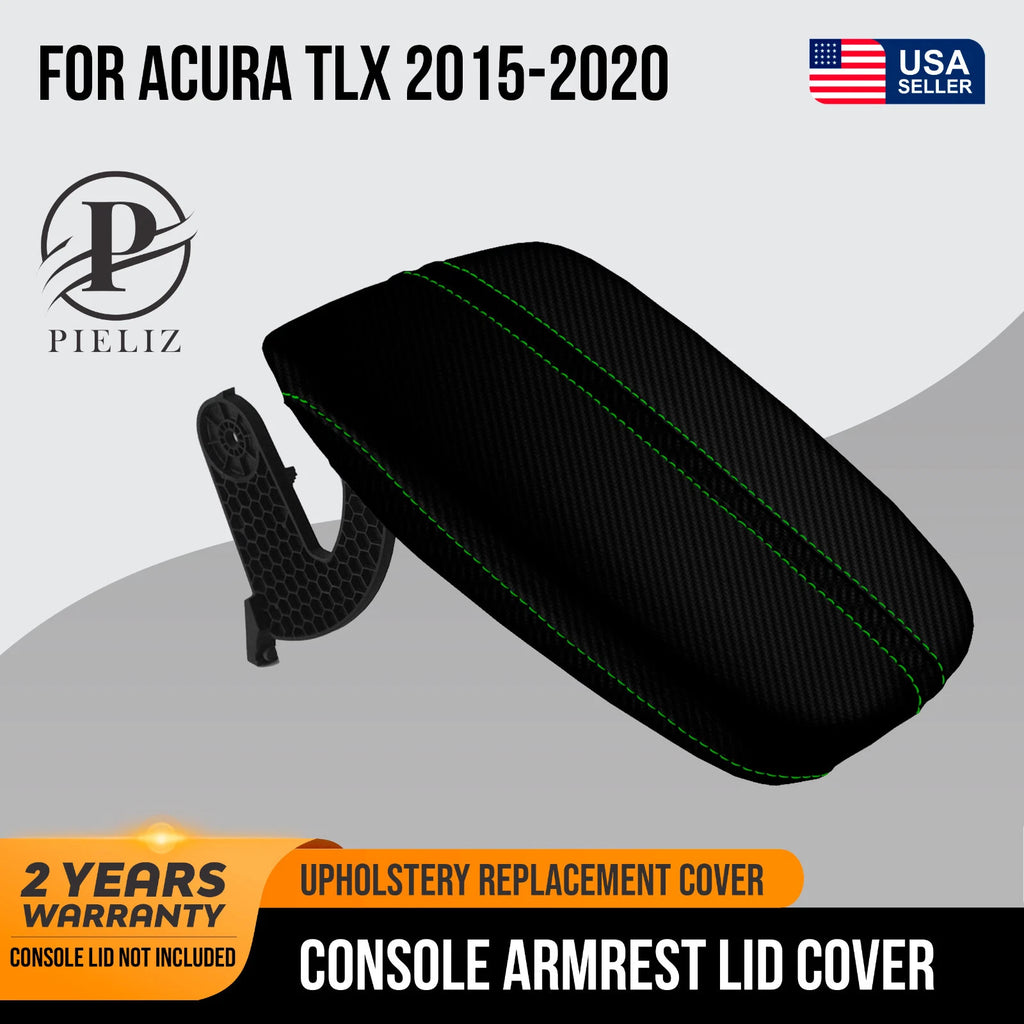 Console Lid Armrest Cover for Acura TLX (2015–2020) Carbon Fiber Green Stitch