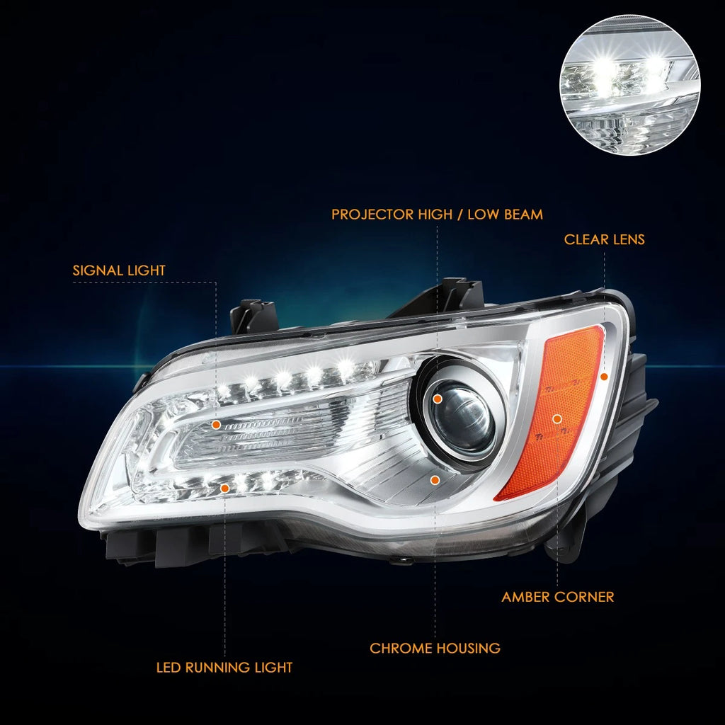 Left Side LED DRL Projector Headlight for Chrysler 300 (2011–2014) Chrome