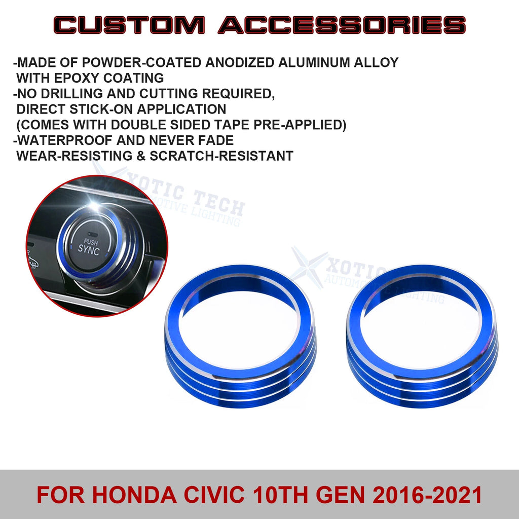 2PCS Blue AC Climate Control Knob Ring Cover for Honda Civic 2016-2021