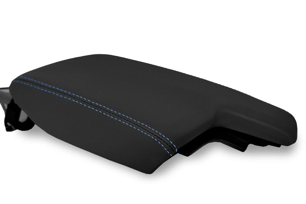 Leather Console Lid Armrest Cover for Subaru Crosstrek (2018–2020) Black Blue Stitch