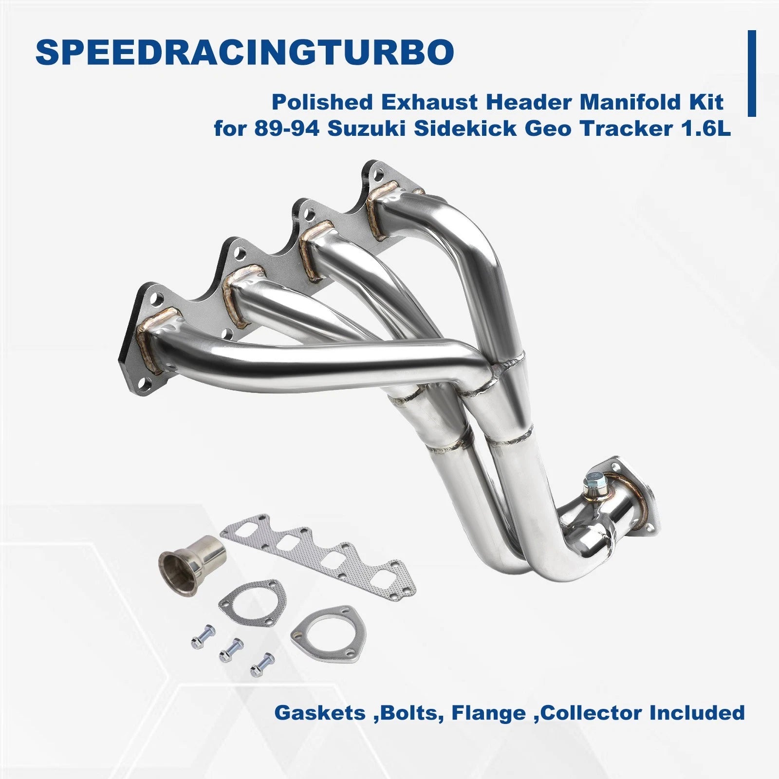 Polished Exhaust Header Manifold Kit for Suzuki Sidekick Geo Tracker (1989–1994)