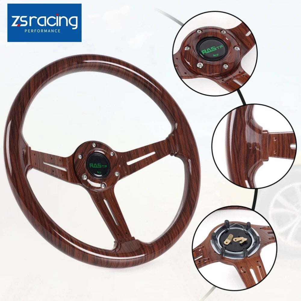 14" Racing Steering Wheel for Universal Fit (6 Bolt) Dark Wood Grain
